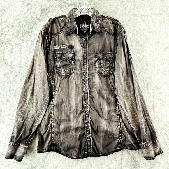 Roar Draft SR Button Up Shirt Embroidered Mens L Brown‎ Vintage Wash Long Sleeve - Picture 1 of 8